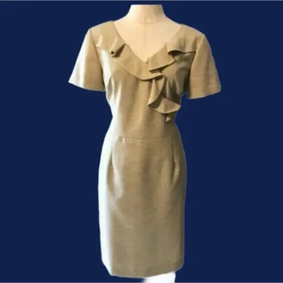 Tahari Levine Dress 12 Short Sleeve Oatmeal Brown Career Church Sheath Ruffle - Picture 1 of 7